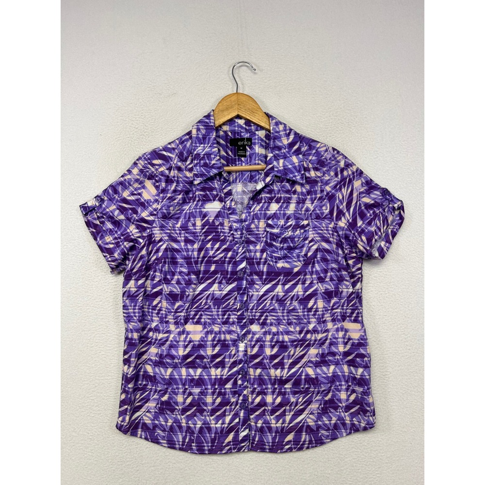 Tropical Abstract Erika Womens Medium Purple Short Sleeve Button Up Shirt
